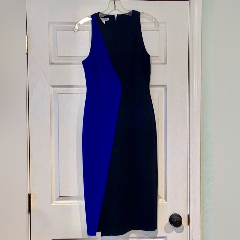 Maggy London Asymmetrical Midi Dress in Black and Blue